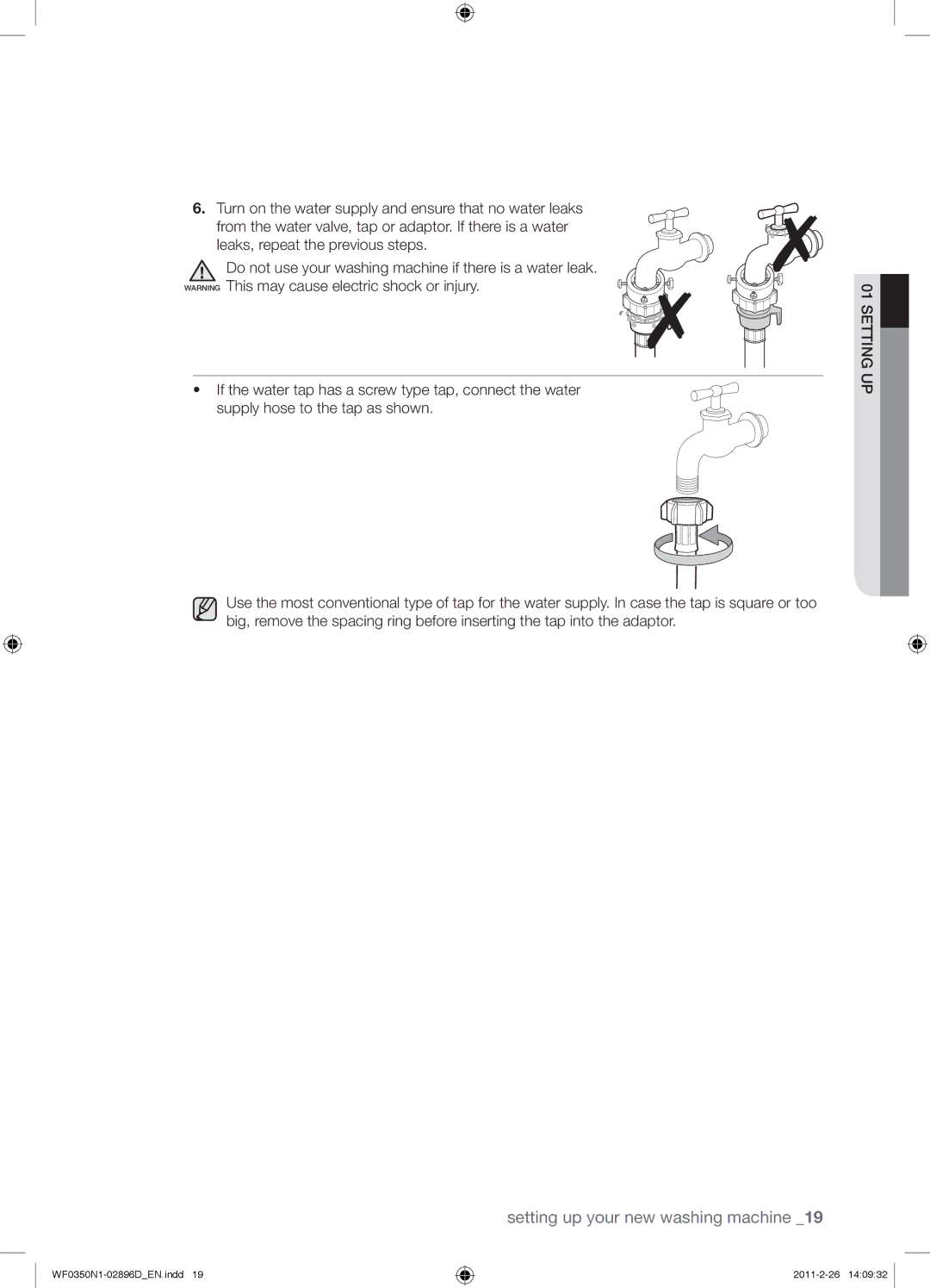 Samsung WF0350N1V/XEE manual Setting up your new washing machine 