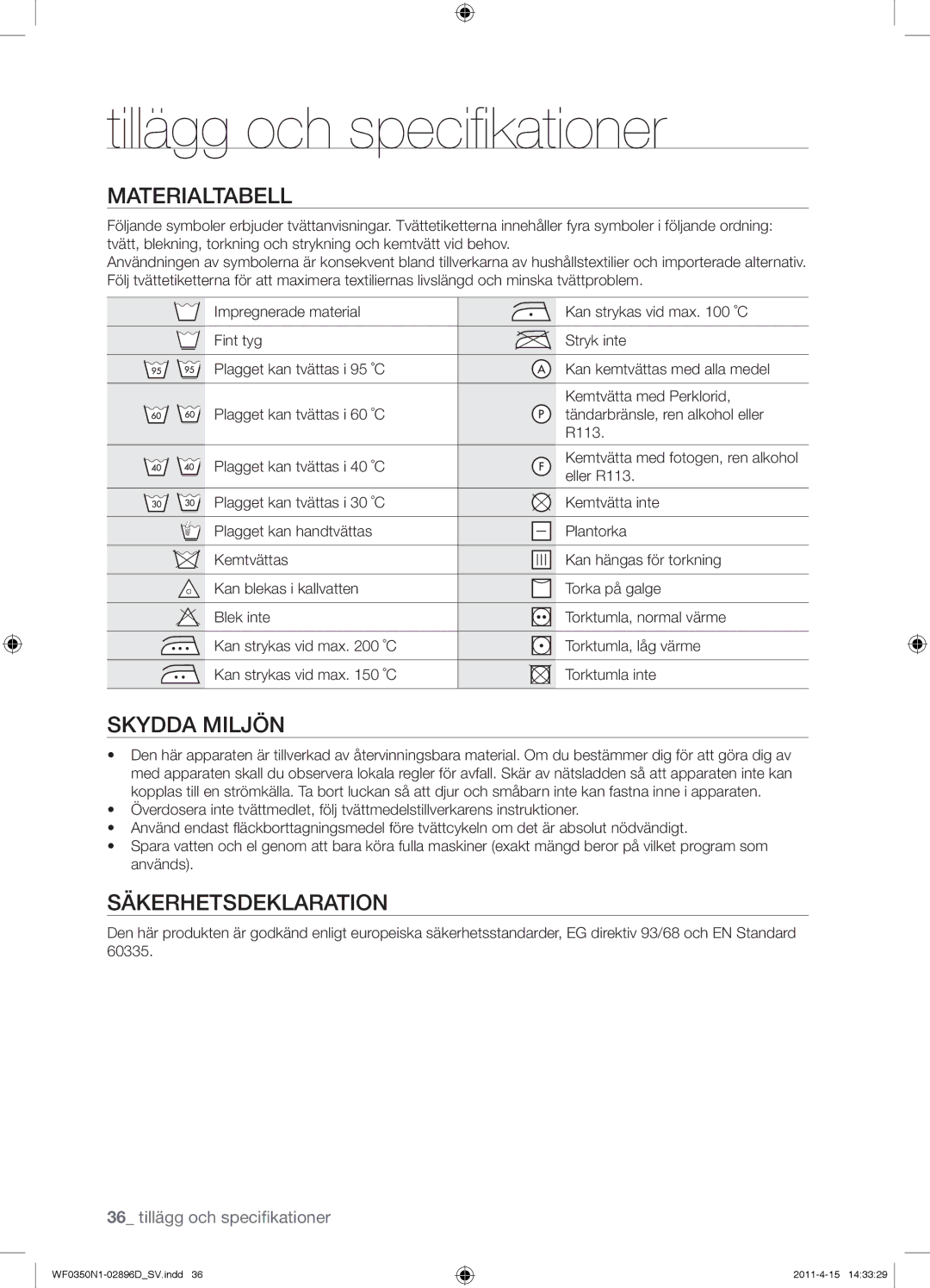 Samsung WF0350N1V/XEE manual Tillägg och speciﬁkationer, Materialtabell, Skydda Miljön, Säkerhetsdeklaration 