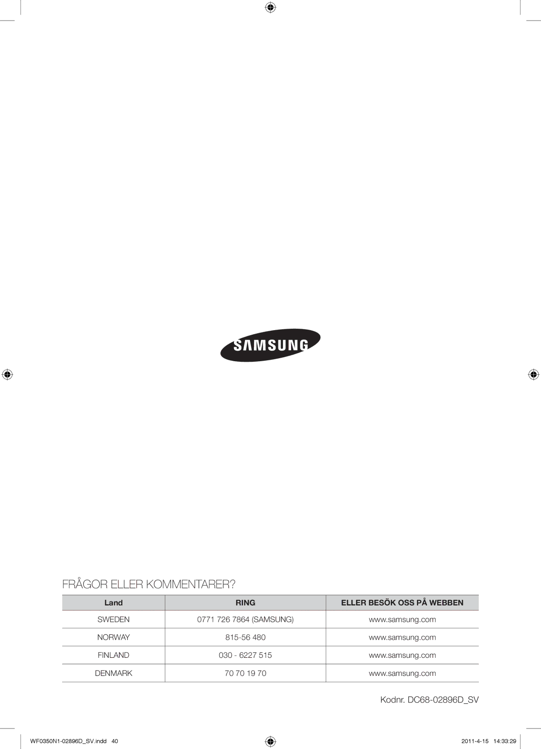 Samsung WF0350N1V/XEE manual Frågor Eller KOMMENTARER?, Kodnr. DC68-02896DSV 