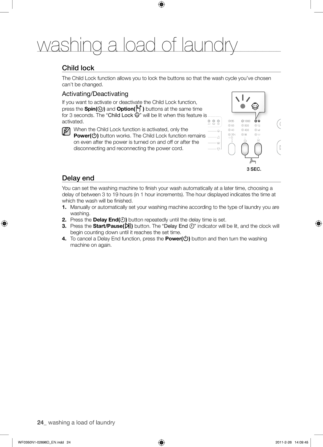 Samsung WF0350N1V/XEE manual Child lock, Activating/Deactivating 