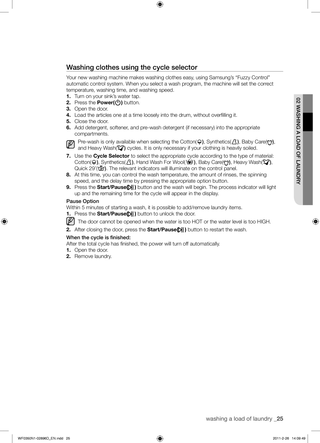 Samsung WF0350N1V/XEE manual Washing clothes using the cycle selector 