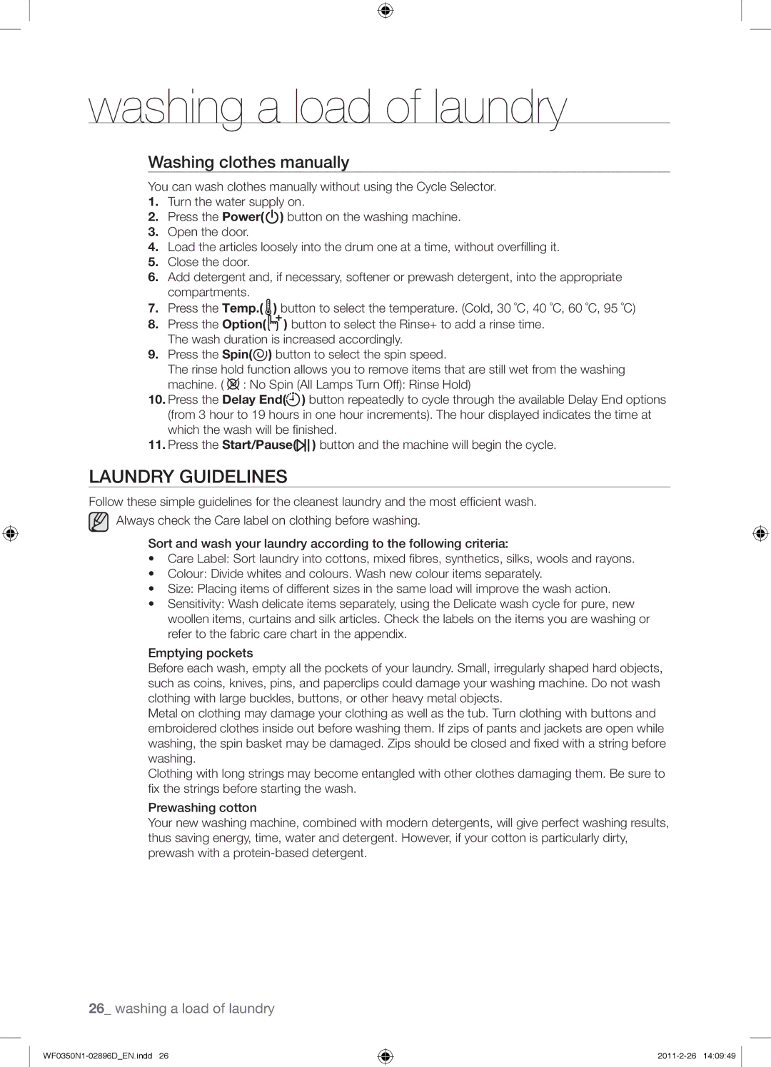 Samsung WF0350N1V/XEE Laundry Guidelines, Washing clothes manually 