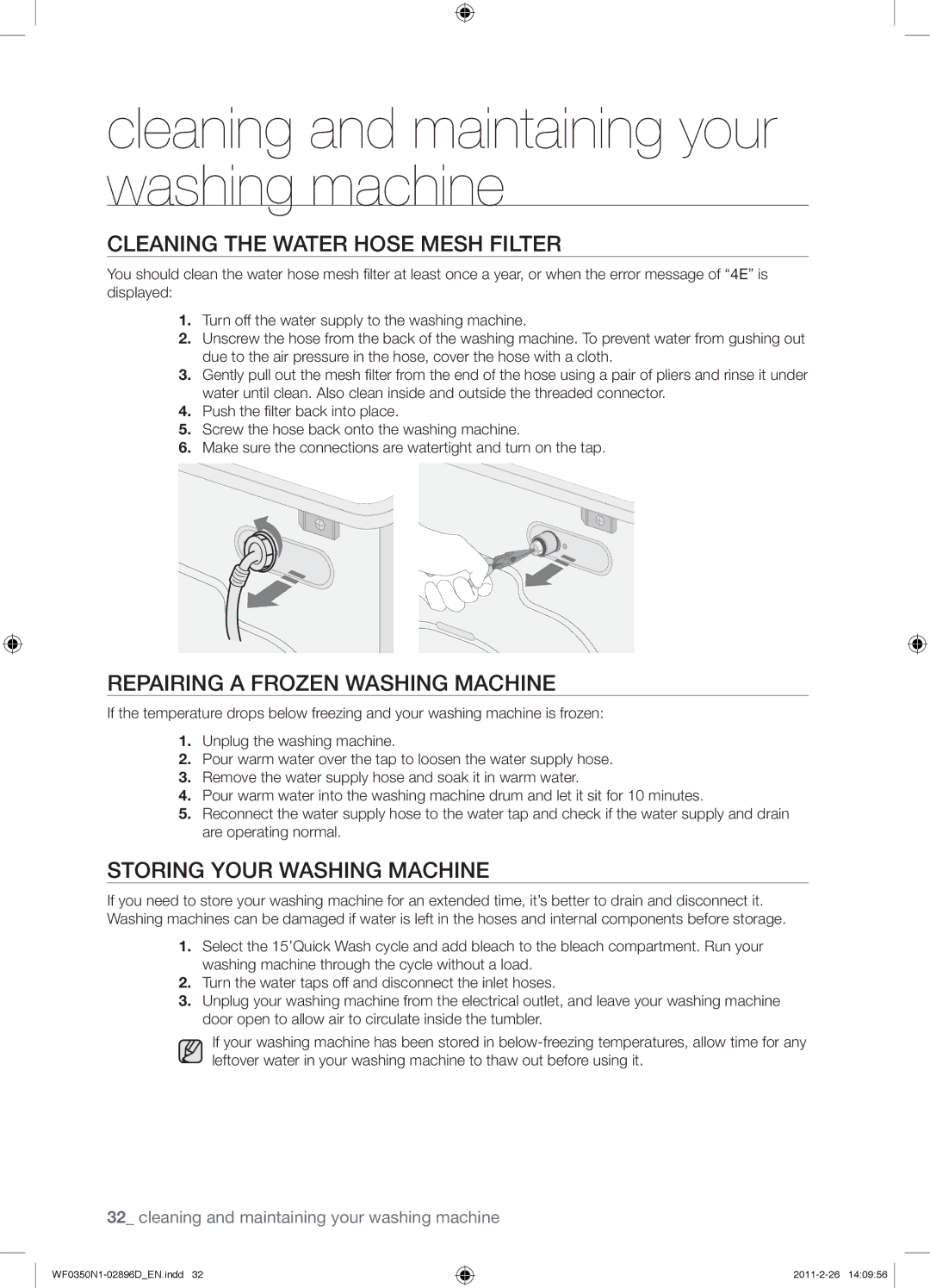 Samsung WF0350N1V/XEE manual Cleaning the Water Hose Mesh Filter, Repairing a Frozen Washing Machine 