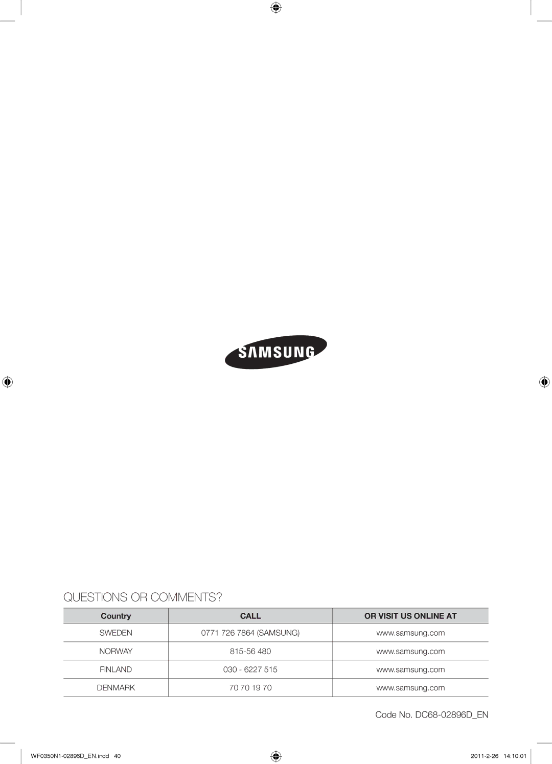 Samsung WF0350N1V/XEE manual Questions or COMMENTS?, Code No. DC68-02896DEN 