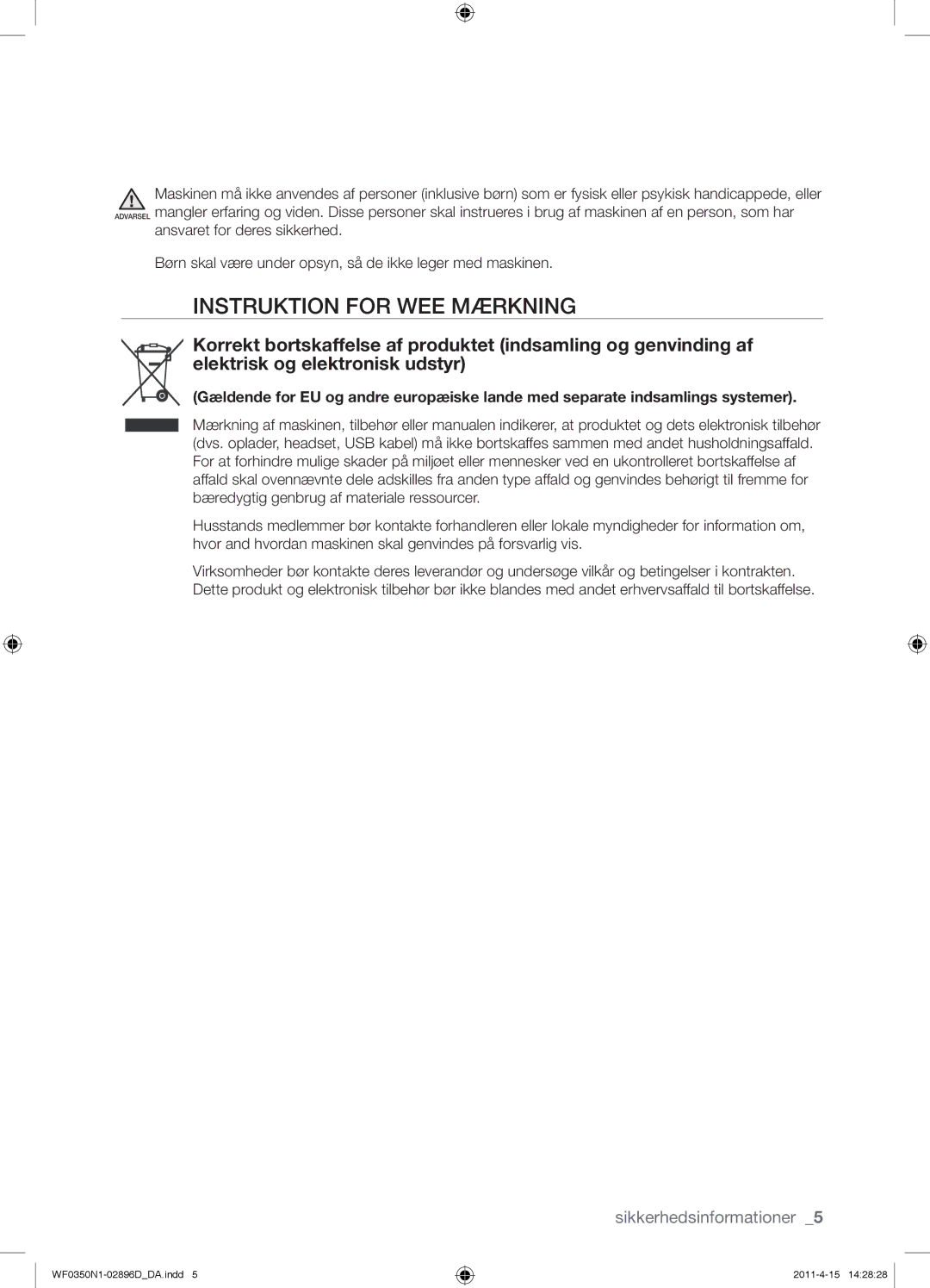 Samsung WF0350N1V/XEE manual Instruktion for WEE Mærkning 