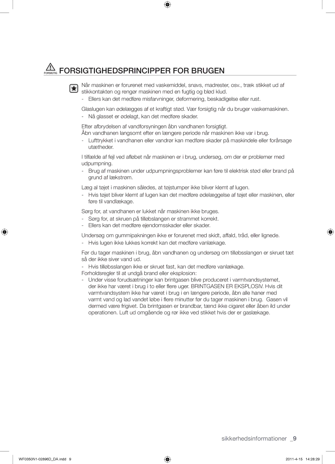 Samsung WF0350N1V/XEE manual Forsigtig Forsigtighedsprincipper for Brugen 