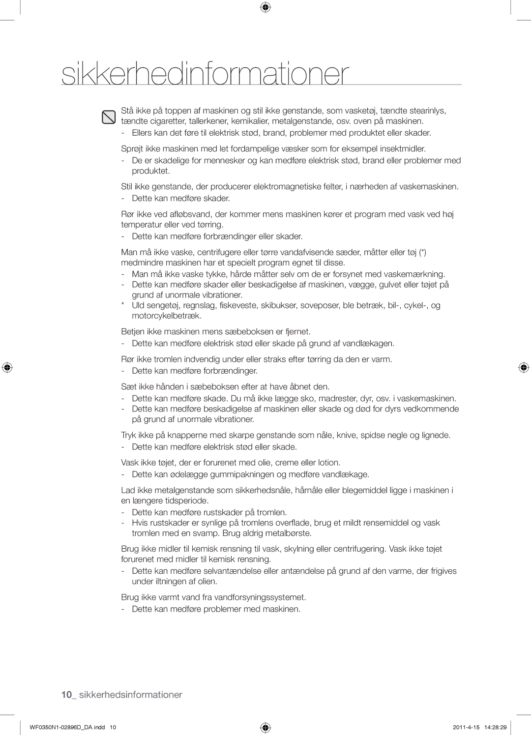 Samsung WF0350N1V/XEE manual Sikkerhedinformationer 