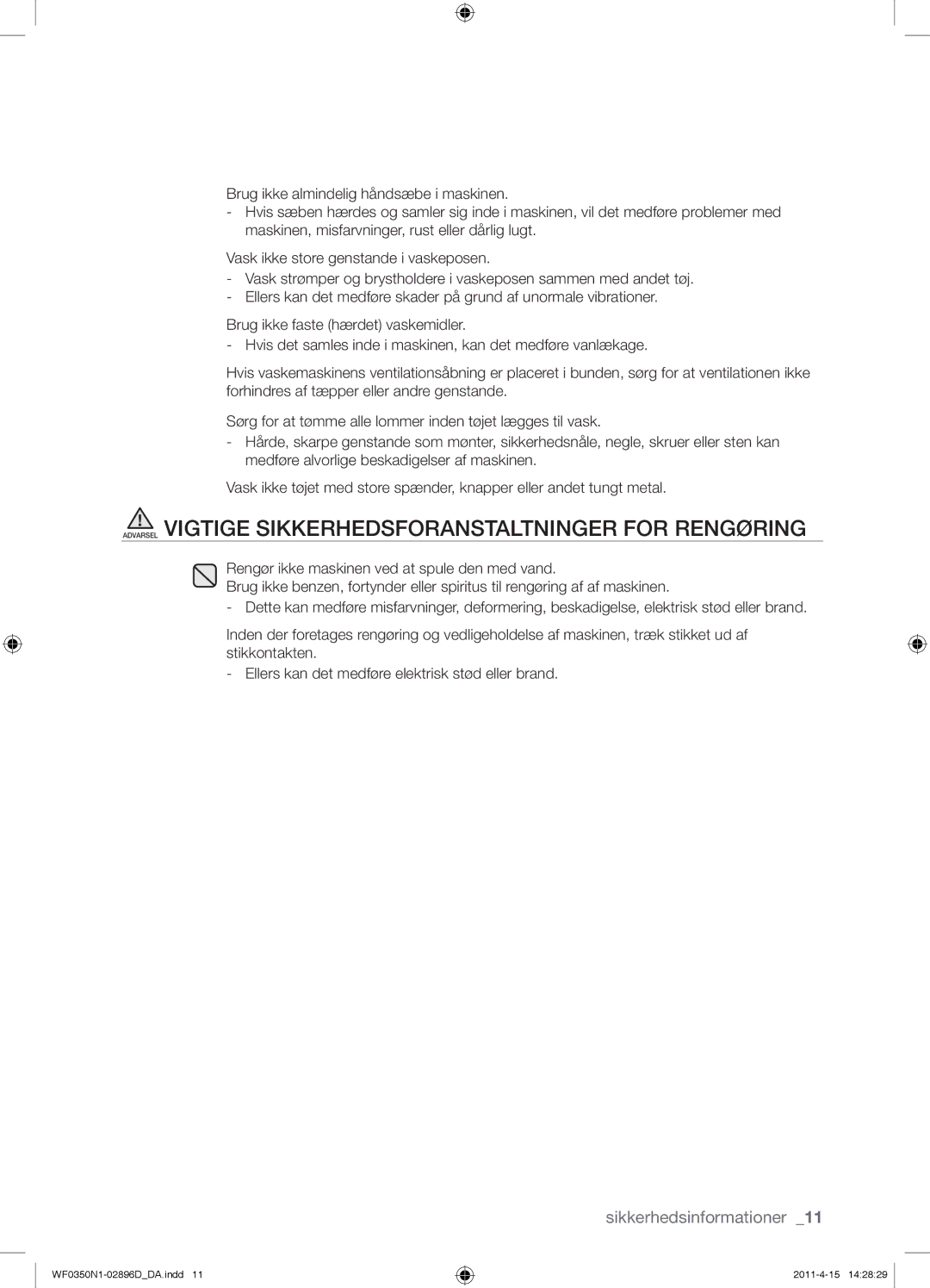 Samsung WF0350N1V/XEE manual Sikkerhedsinformationer 