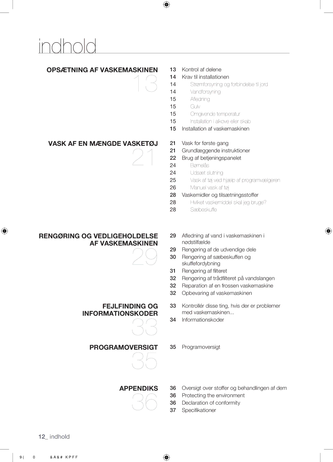 Samsung WF0350N1V/XEE manual Indhold, Speciﬁkationer 