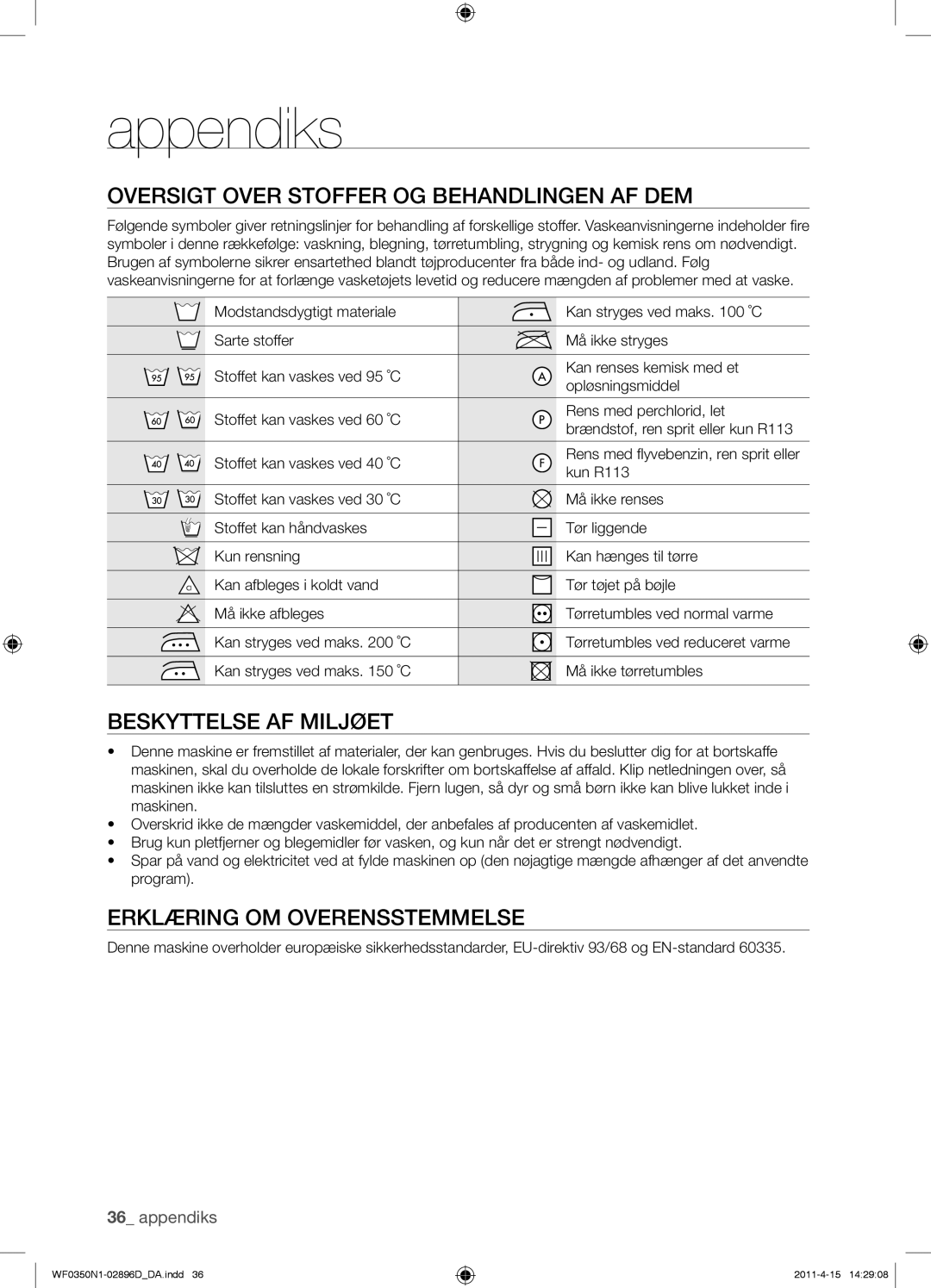 Samsung WF0350N1V/XEE manual Appendiks, Oversigt Over Stoffer OG Behandlingen AF DEM, Beskyttelse AF Miljøet, Kun R113 