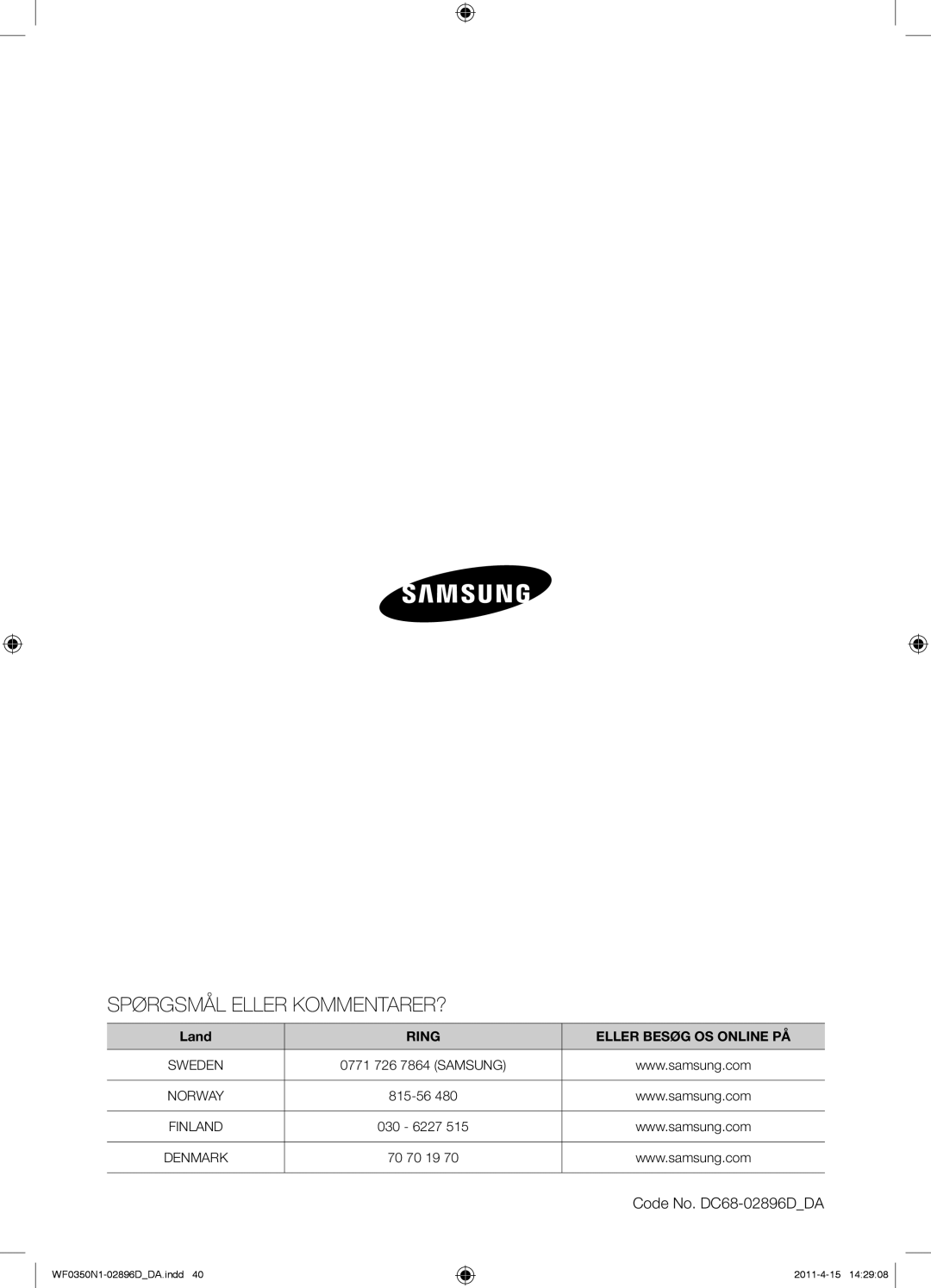 Samsung WF0350N1V/XEE manual Spørgsmål Eller KOMMENTARER?, Code No. DC68-02896DDA 