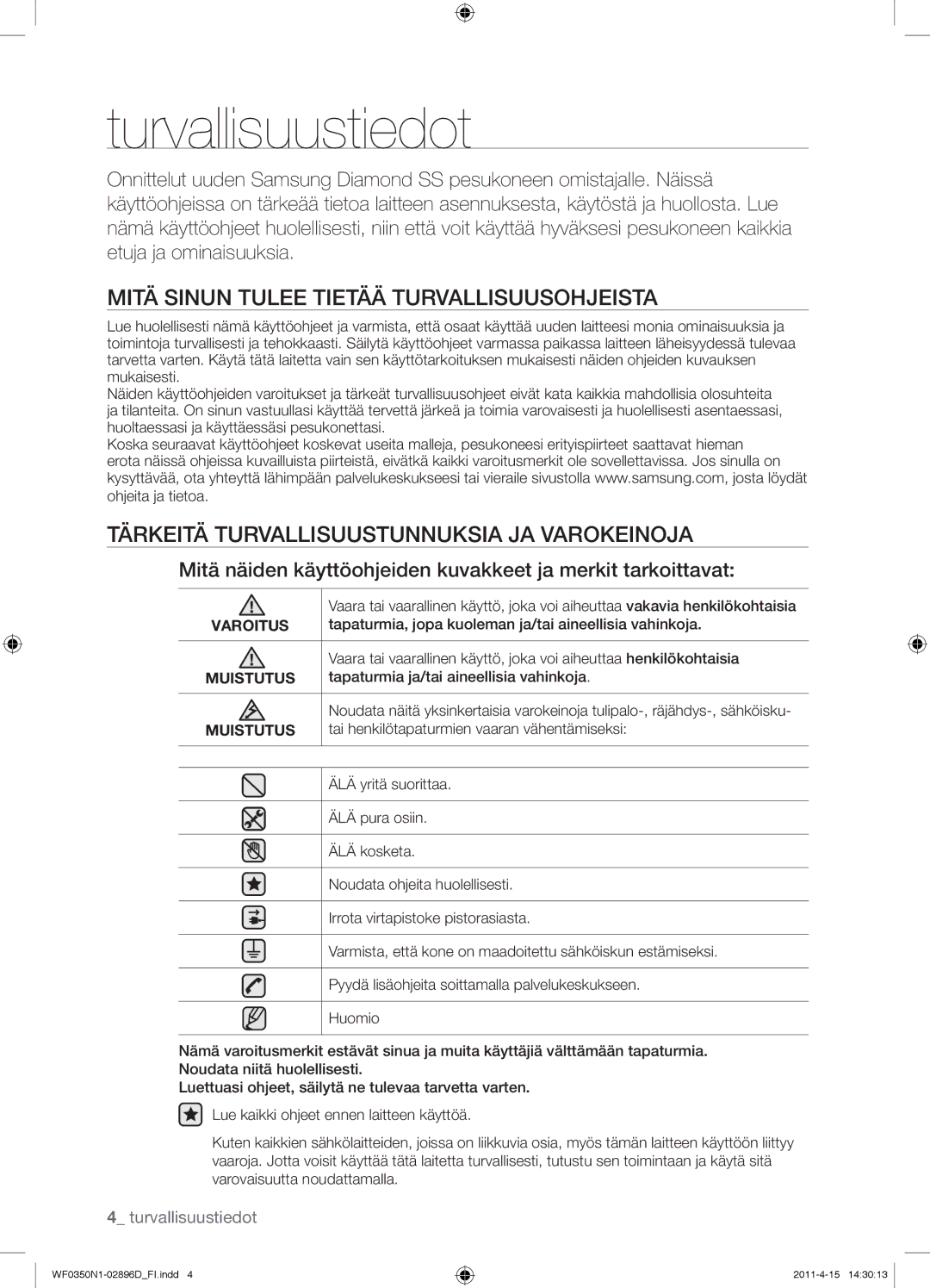 Samsung WF0350N1V/XEE manual Turvallisuustiedot, Mitä Sinun Tulee Tietää Turvallisuusohjeista 