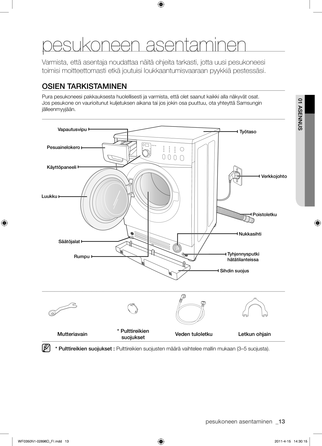 Samsung WF0350N1V/XEE manual Pesukoneen asentaminen, Osien Tarkistaminen 