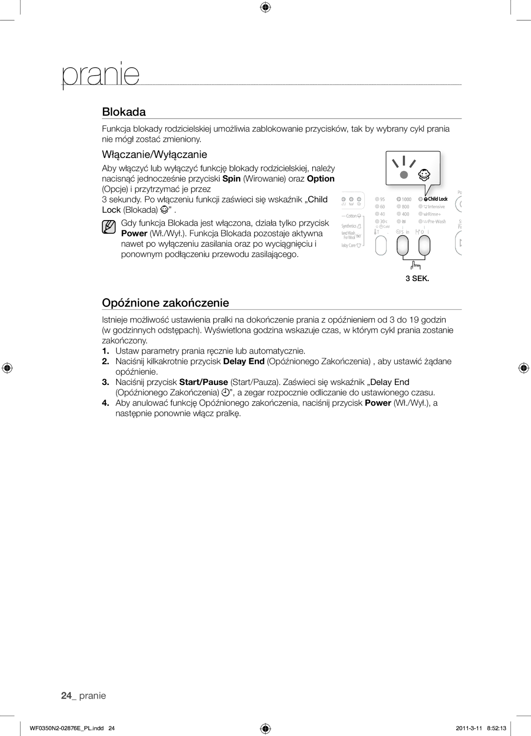 Samsung WF0350N2N/XEH manual Blokada, Włączanie/Wyłączanie 