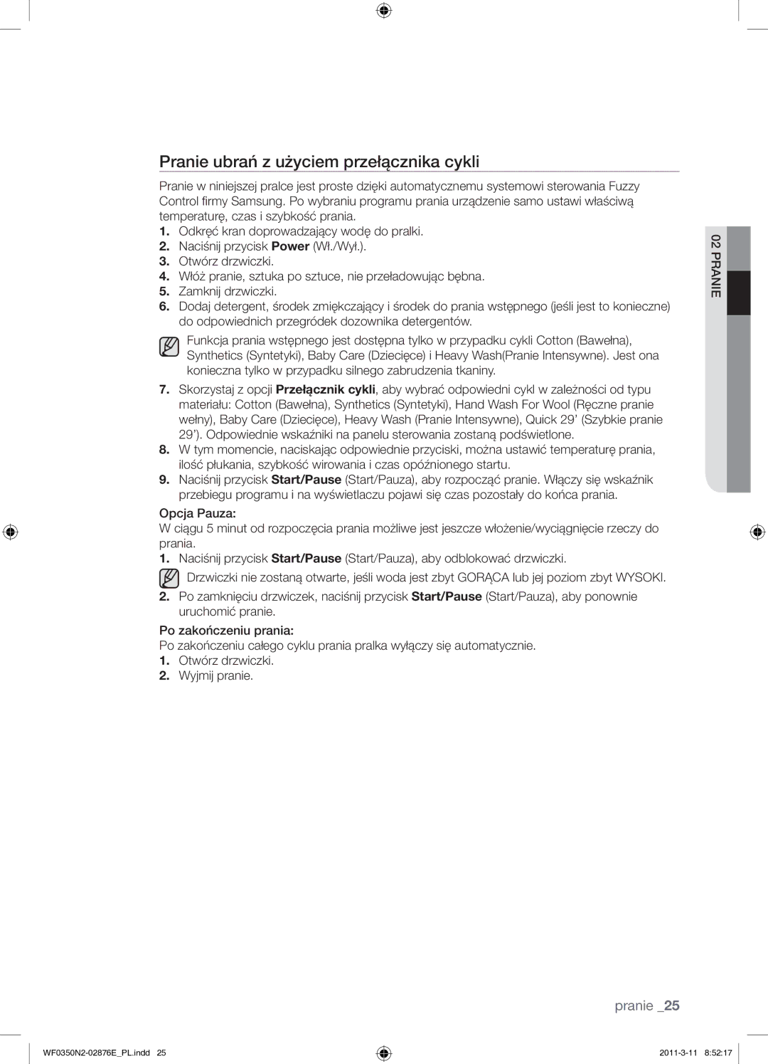 Samsung WF0350N2N/XEH manual Pranie ubrań z użyciem przełącznika cykli 