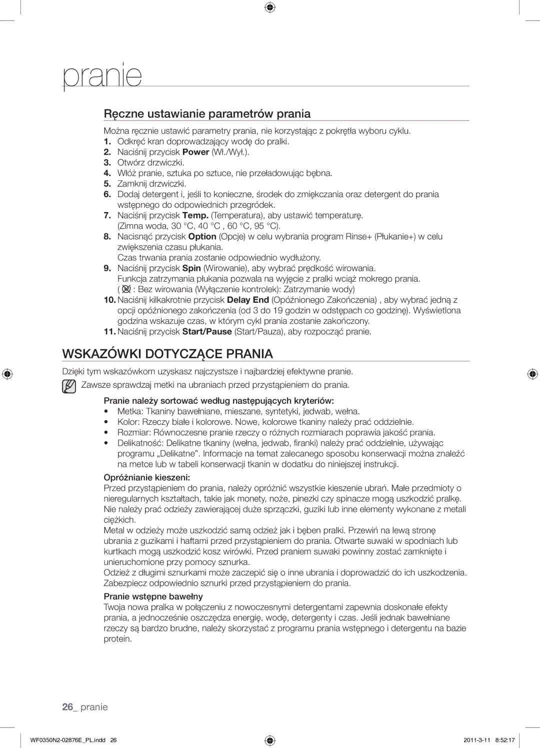 Samsung WF0350N2N/XEH manual Wskazówki Dotyczące Prania, Ręczne ustawianie parametrów prania 