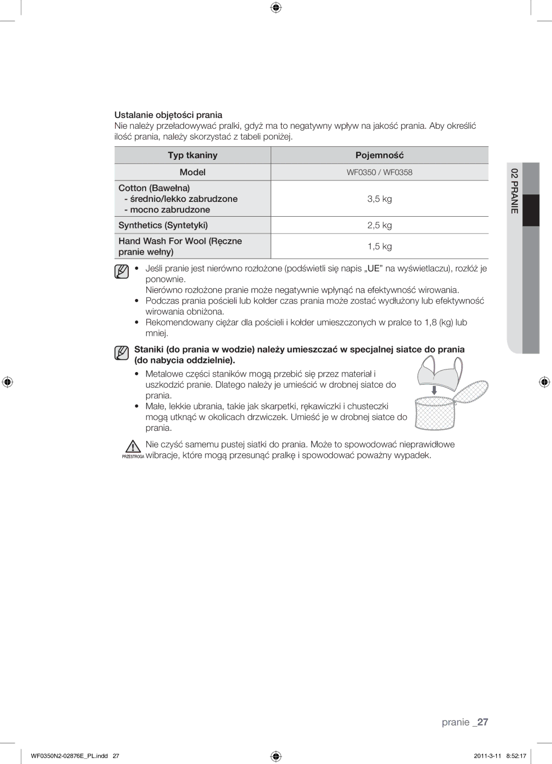 Samsung WF0350N2N/XEH manual Typ tkaniny Pojemność 