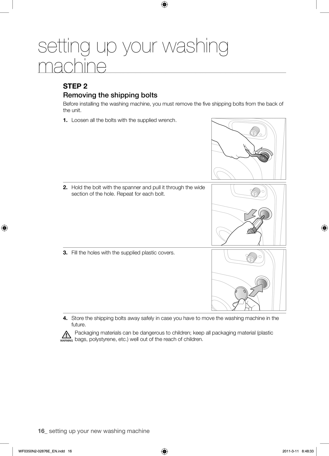 Samsung WF0350N2N/XEH manual Removing the shipping bolts 