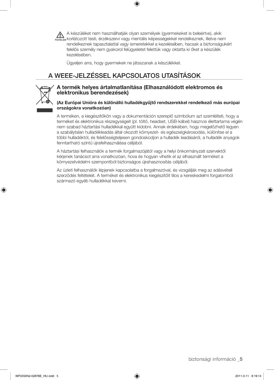 Samsung WF0350N2N/XEH manual WEEE-JELZÉSSEL Kapcsolatos Utasítások 