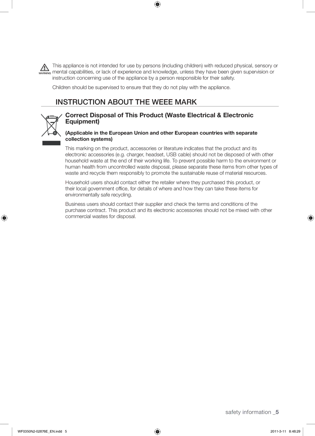 Samsung WF0350N2N/XEH manual Instruction about the Weee Mark 