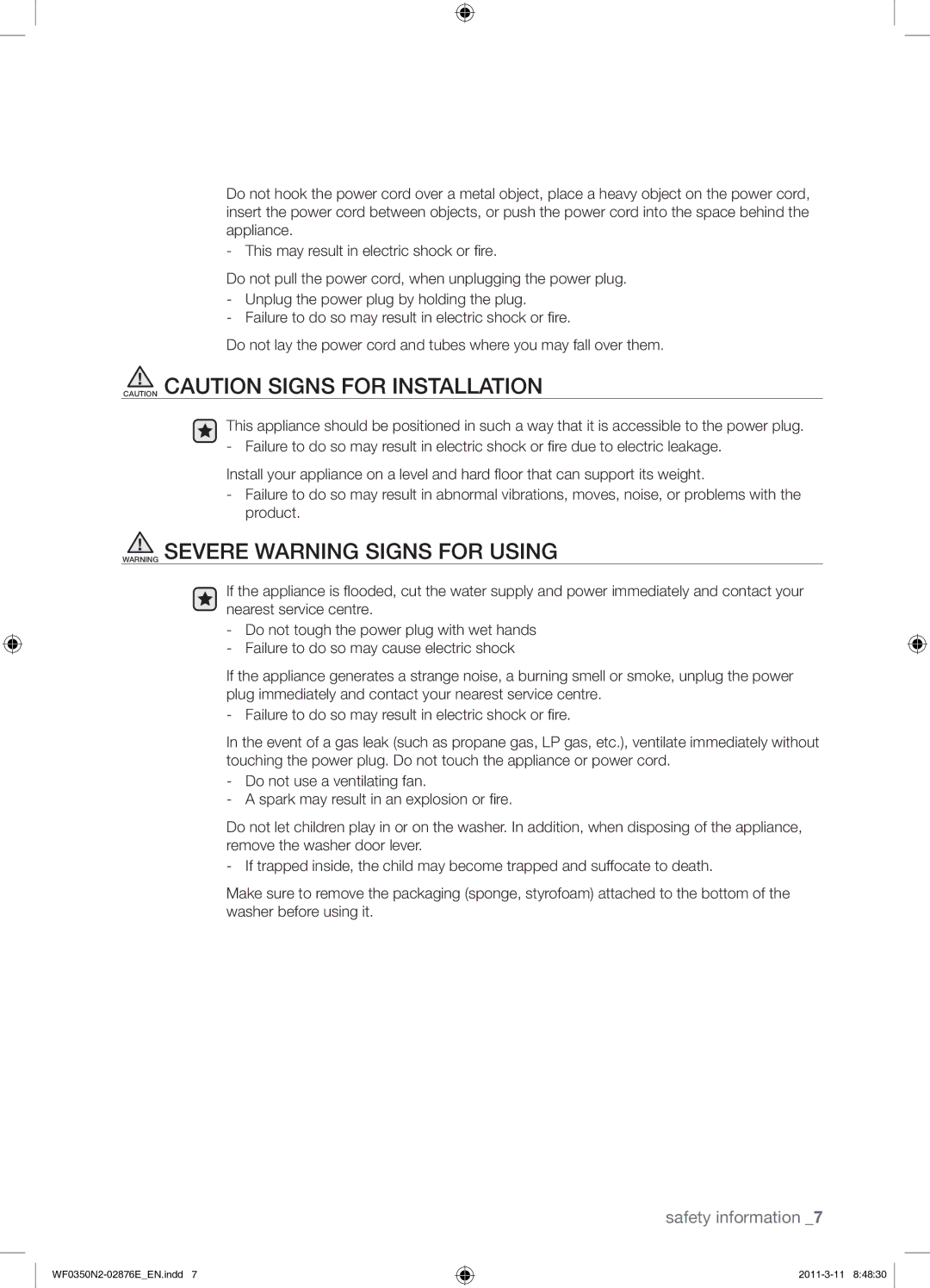 Samsung WF0350N2N/XEH manual Safety information 