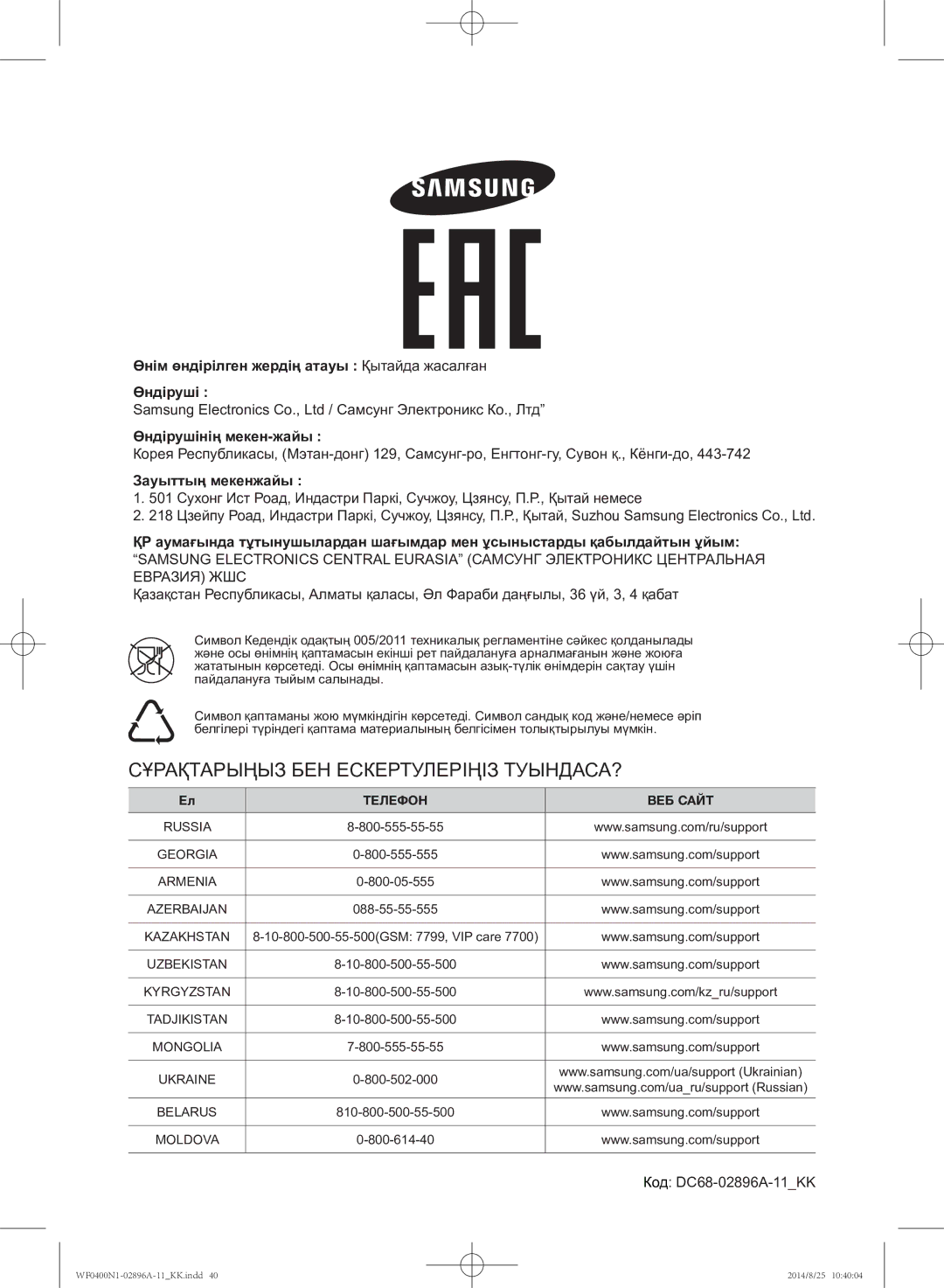 Samsung WF0400N1NE/YLP manual Зауыттың мекенжайы, Код DC68-02896A-11KK 