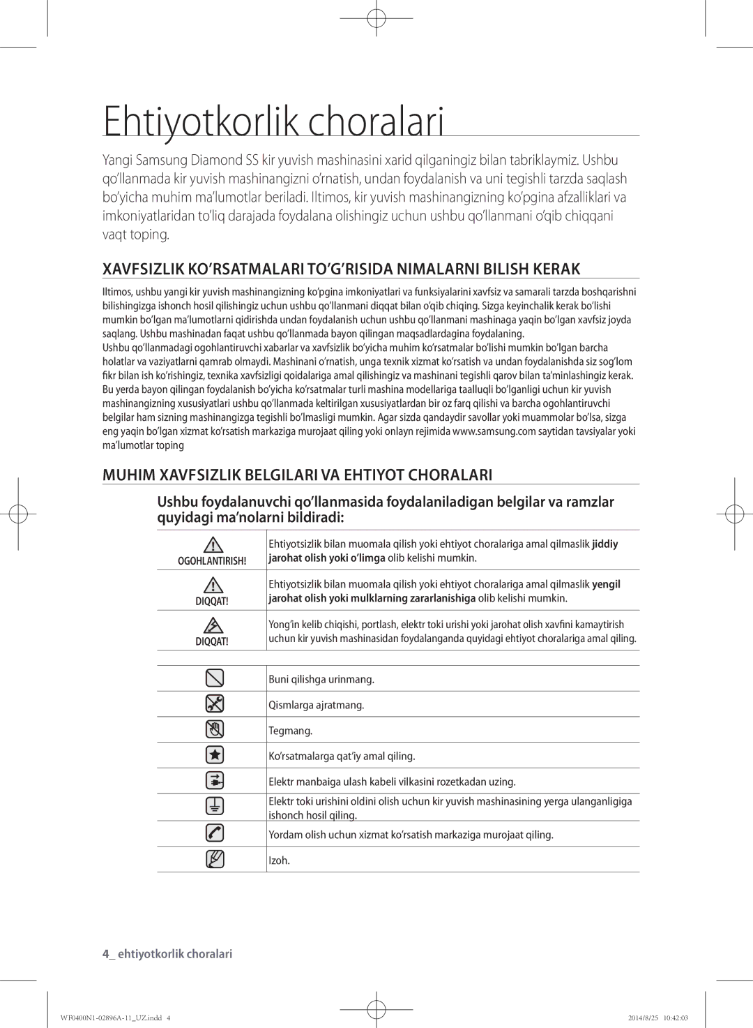 Samsung WF0400N1NE/YLP manual Ehtiyotkorlik choralari, Jarohat olish yoki o’limga olib kelishi mumkin 