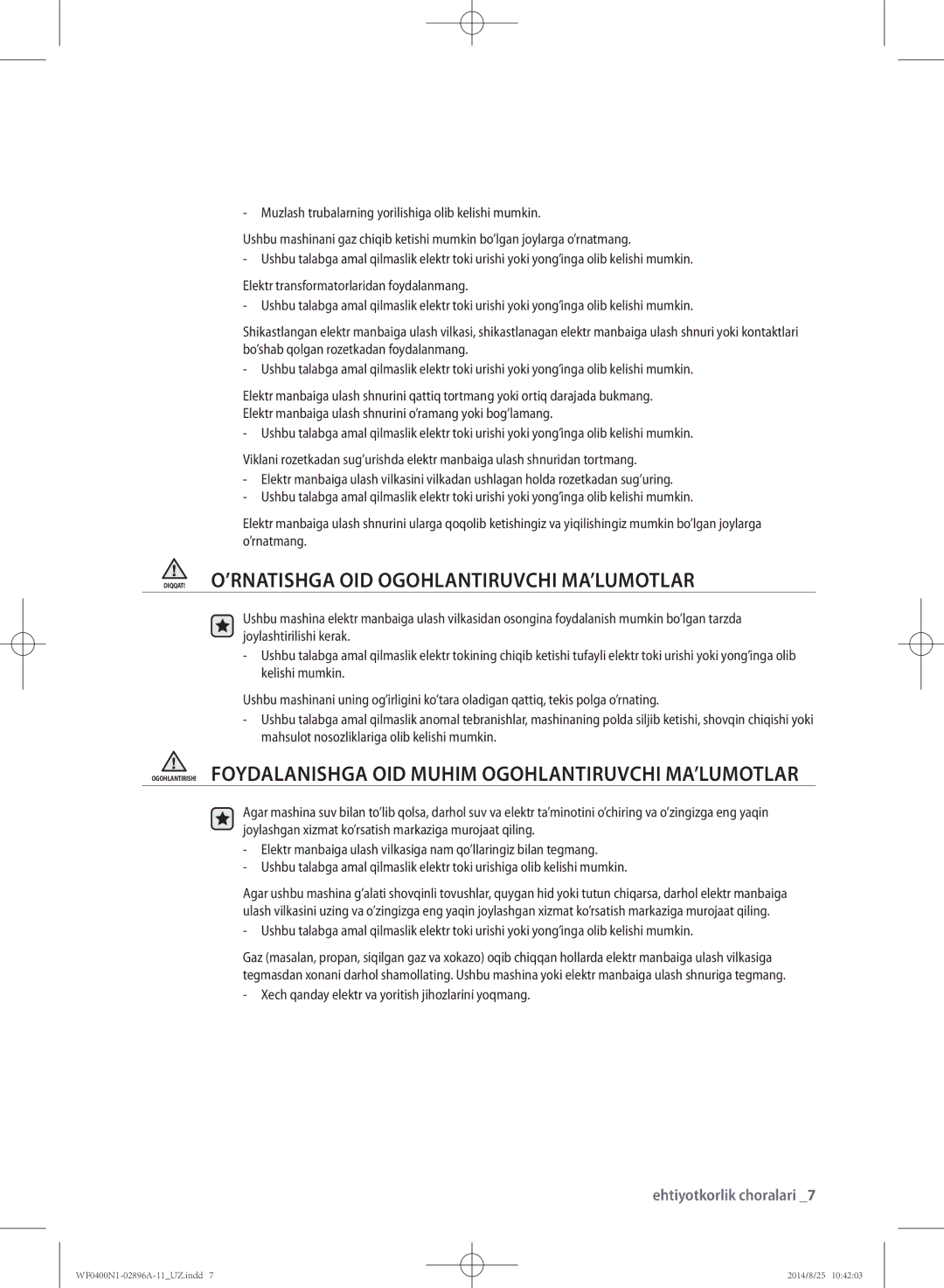 Samsung WF0400N1NE/YLP manual DIQQAT! O’RNATISHGA OID Ogohlantiruvchi MA’LUMOTLAR 