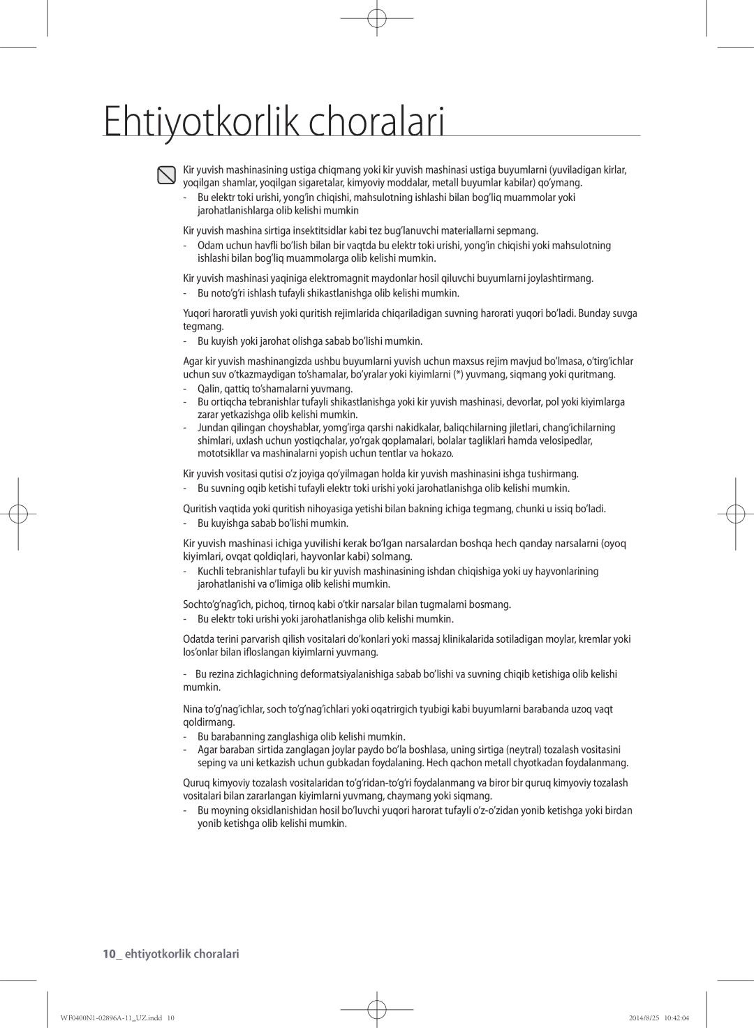 Samsung WF0400N1NE/YLP manual Ehtiyotkorlik choralari 