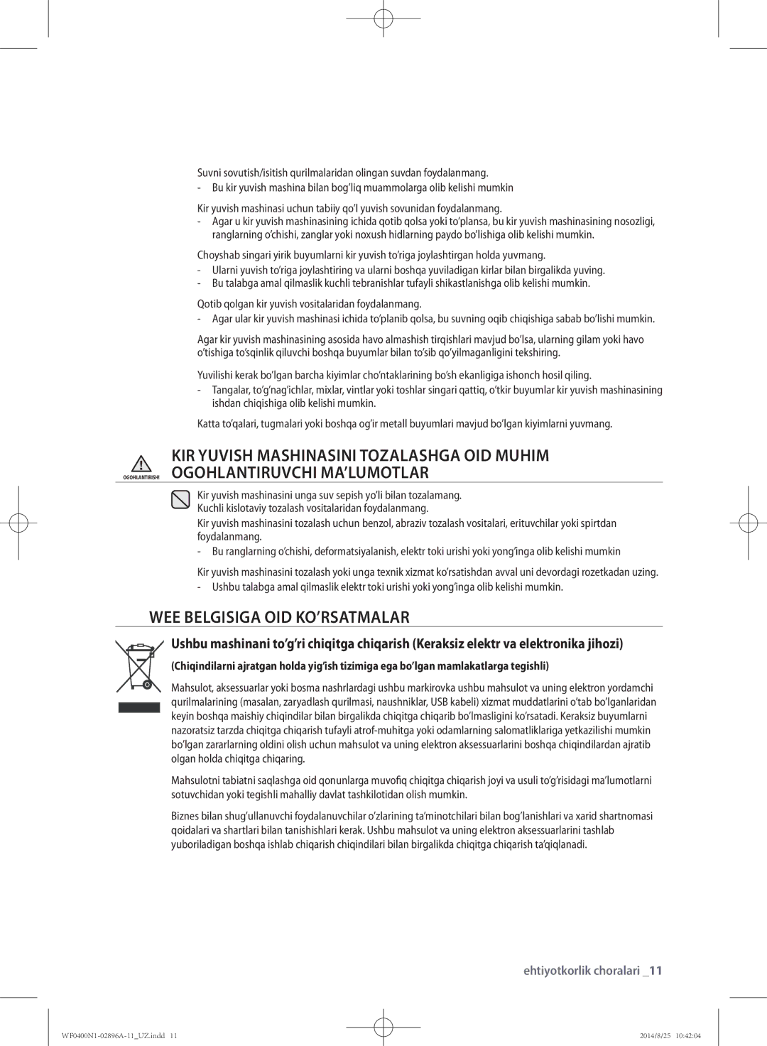 Samsung WF0400N1NE/YLP manual WEE Belgisiga OID KO’RSATMALAR 