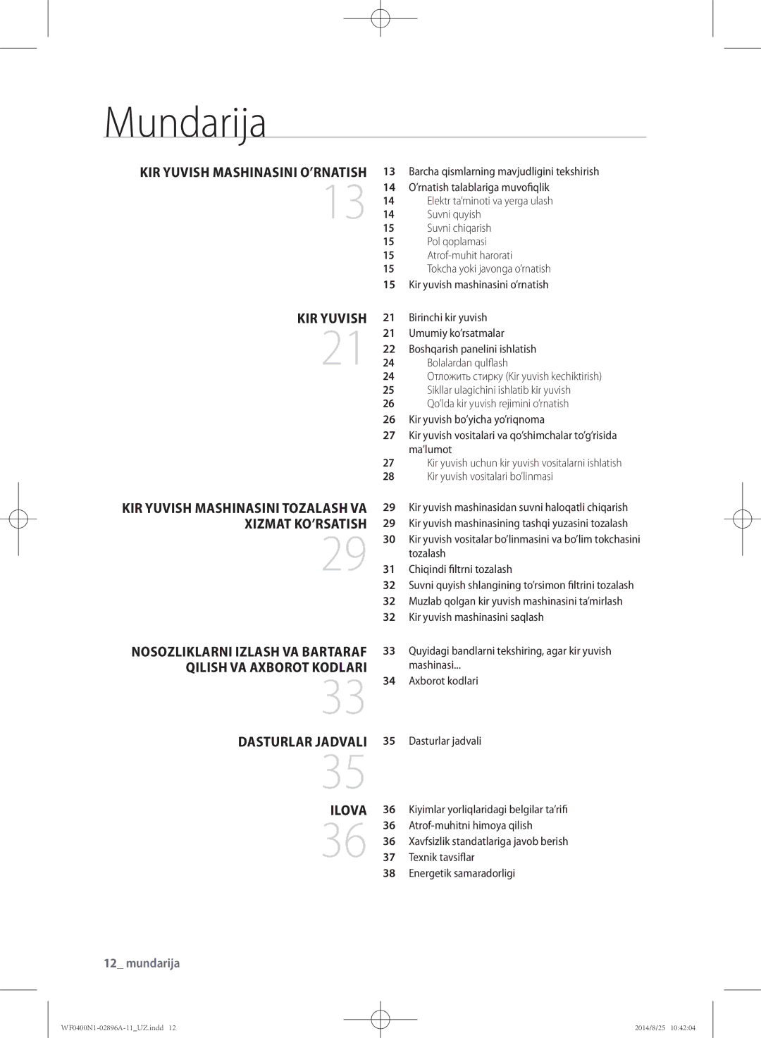 Samsung WF0400N1NE/YLP manual Mundarija, Dasturlar jadvali, Atrof-muhitni himoya qilish, Texnik tavsiflar 