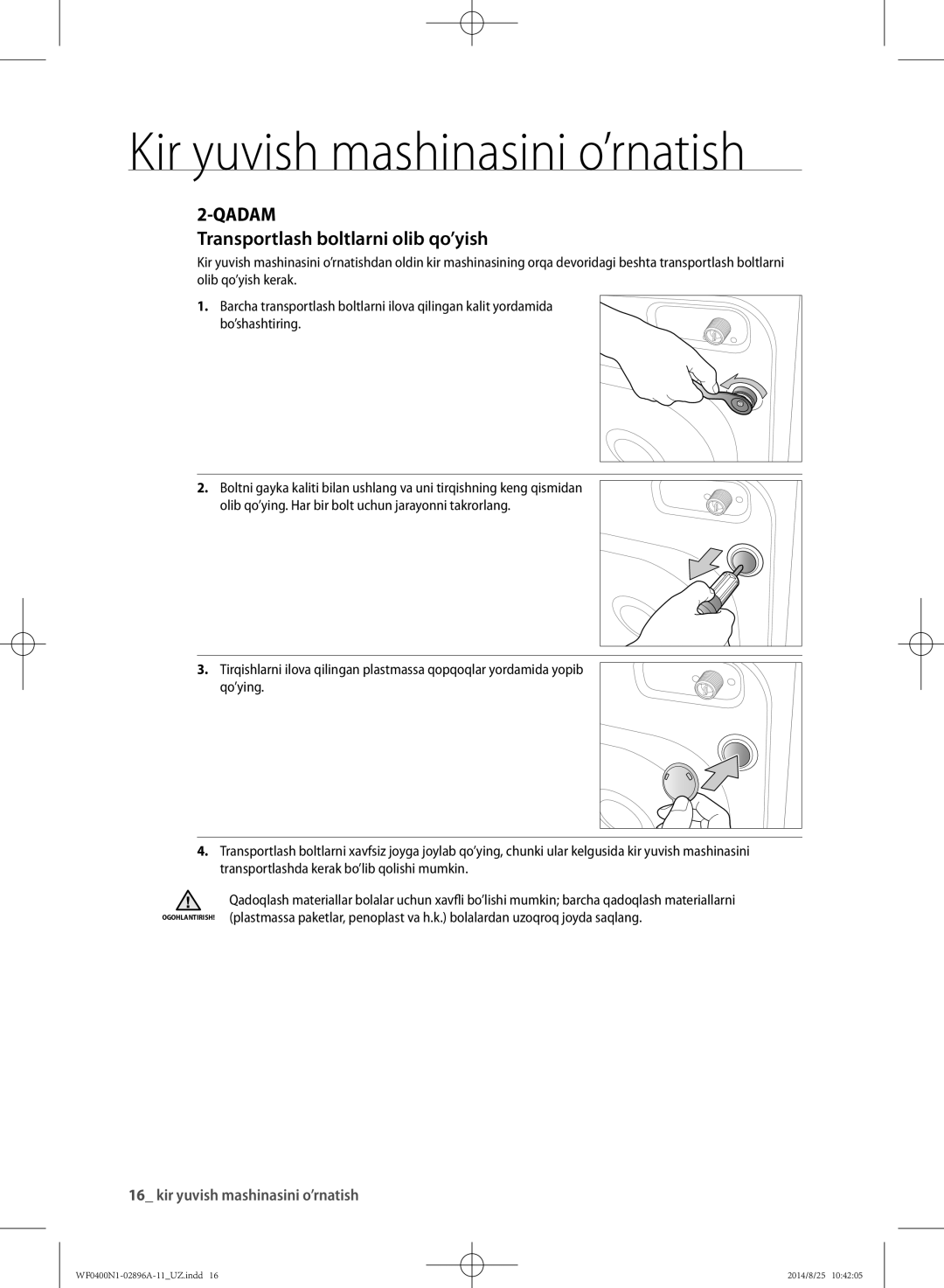 Samsung WF0400N1NE/YLP manual Transportlash boltlarni olib qo’yish 