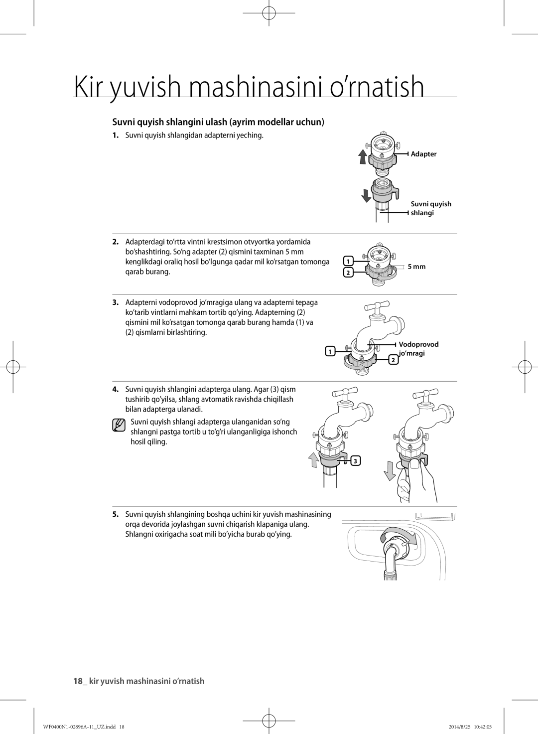 Samsung WF0400N1NE/YLP manual Suvni quyish shlangidan adapterni yeching, Qismlarni birlashtiring 