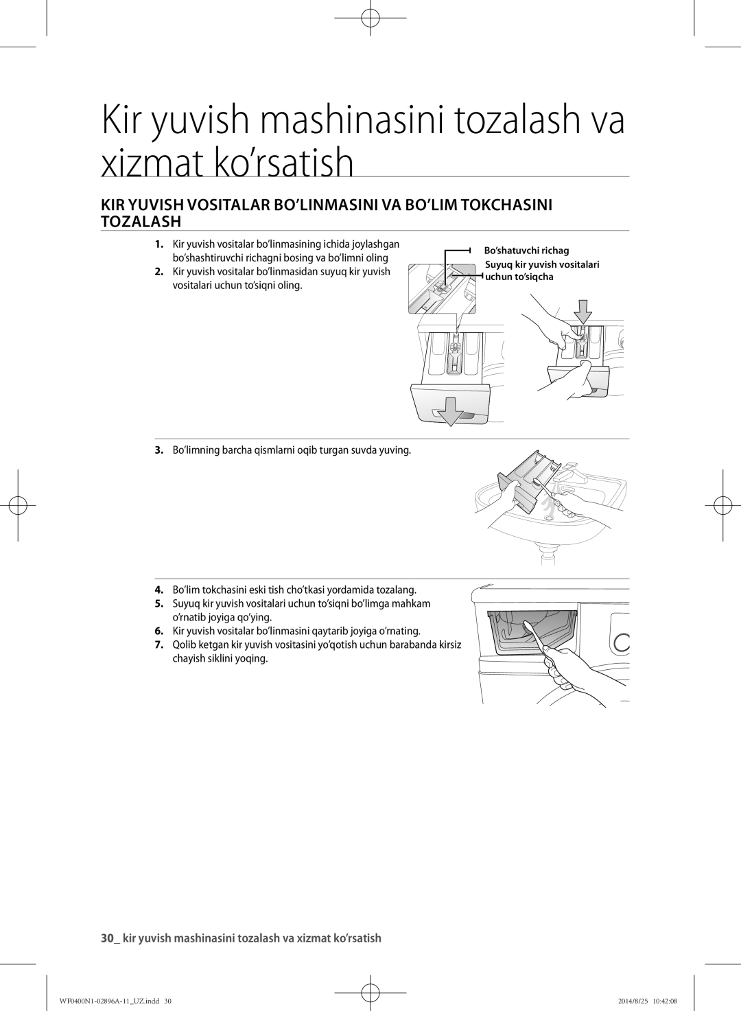 Samsung WF0400N1NE/YLP manual Kir yuvish mashinasini tozalash va xizmat ko’rsatish 