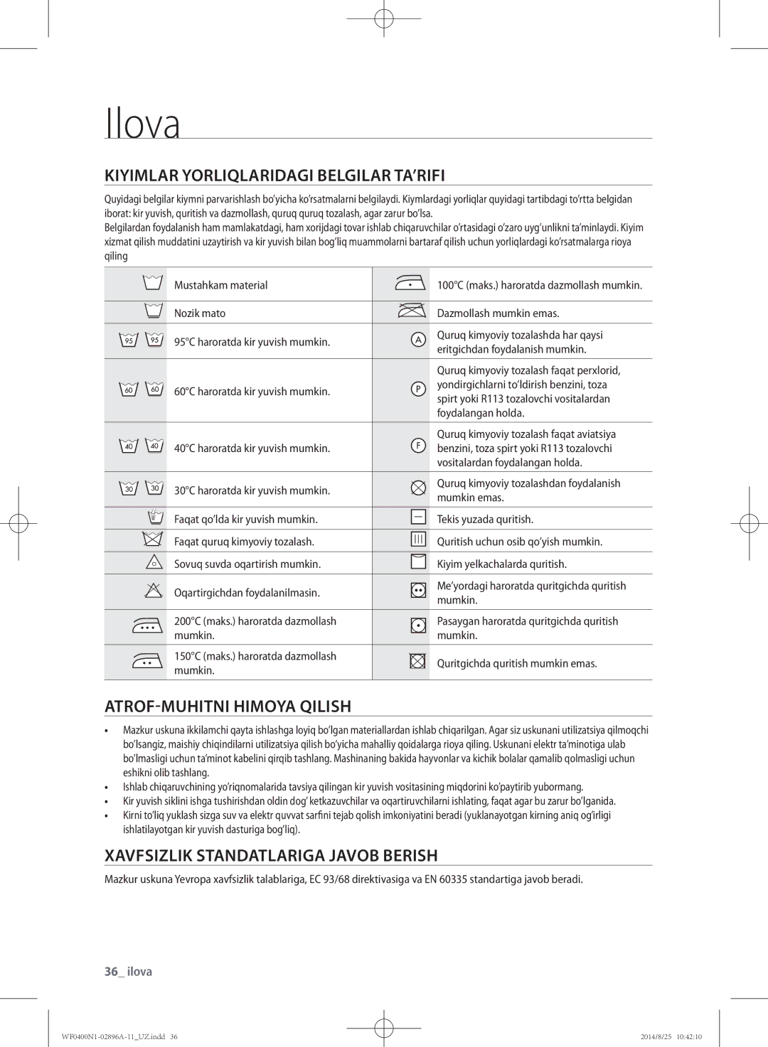 Samsung WF0400N1NE/YLP manual Ilova, Kiyimlar yorliqlaridagi belgilar ta’rifi, Atrof-muhitni himoya qilish 