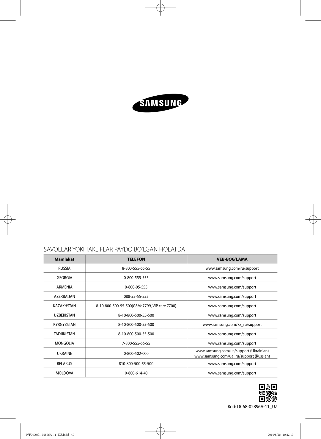 Samsung WF0400N1NE/YLP manual Savollar Yoki Takliflar Paydo BO’LGAN Holatda, Коd DC68-02896A-11UZ 