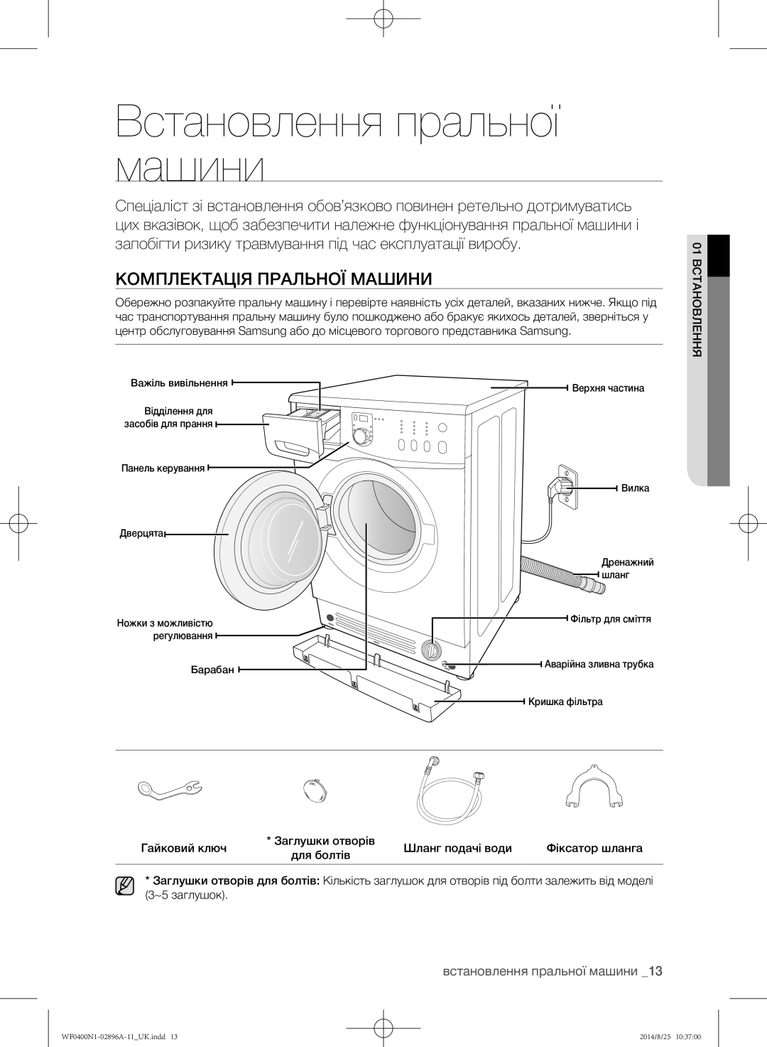 Samsung WF0400N1NE/YLP manual Встановлення пральної машини, Комплектація пральної машини 