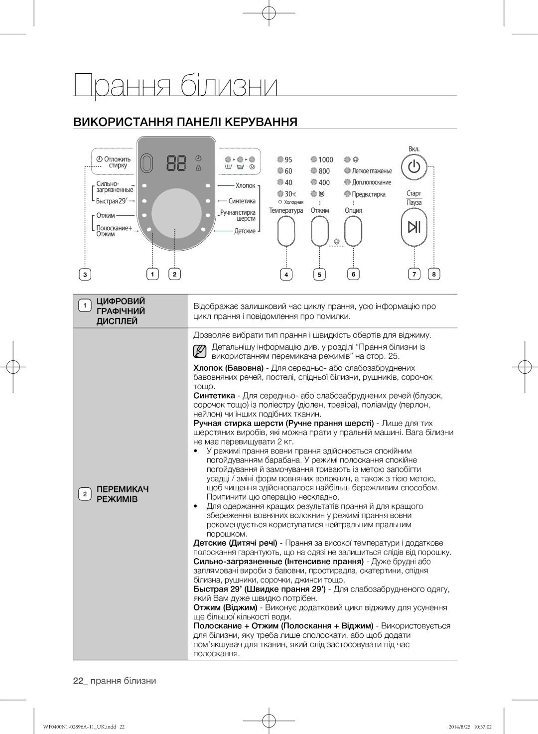 Samsung WF0400N1NE/YLP manual Використання панелі керування 