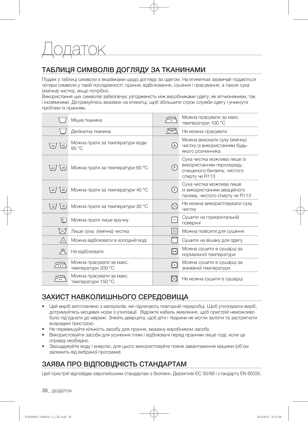 Samsung WF0400N1NE/YLP manual Додаток, Таблиця символів догляду за тканинами, Захист навколишнього середовища 