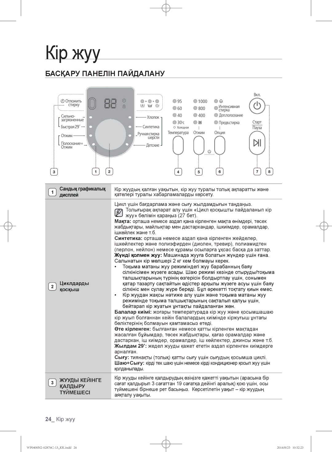 Samsung WF0400N2N/YLP, WF0408N2N/YLP manual Басқару Панелін Пайдалану, 24 Кір жуу 