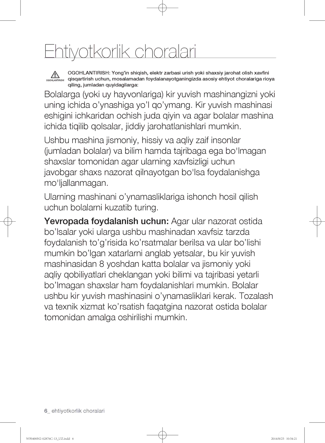 Samsung WF0400N2N/YLP, WF0408N2N/YLP manual Ehtiyotkorlik choralari 