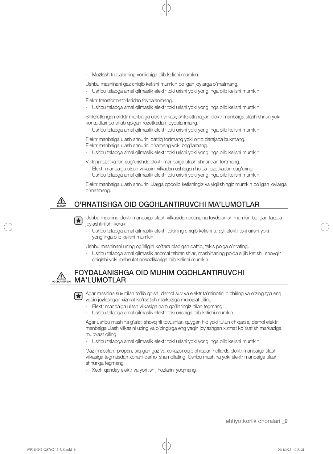 Samsung WF0408N2N/YLP, WF0400N2N/YLP manual DIQQAT! O’RNATISHGA OID Ogohlantiruvchi MA’LUMOTLAR 