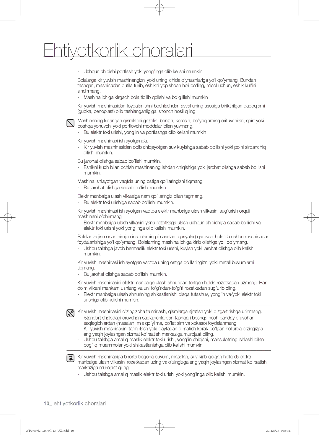 Samsung WF0400N2N/YLP, WF0408N2N/YLP manual Ehtiyotkorlik choralari 