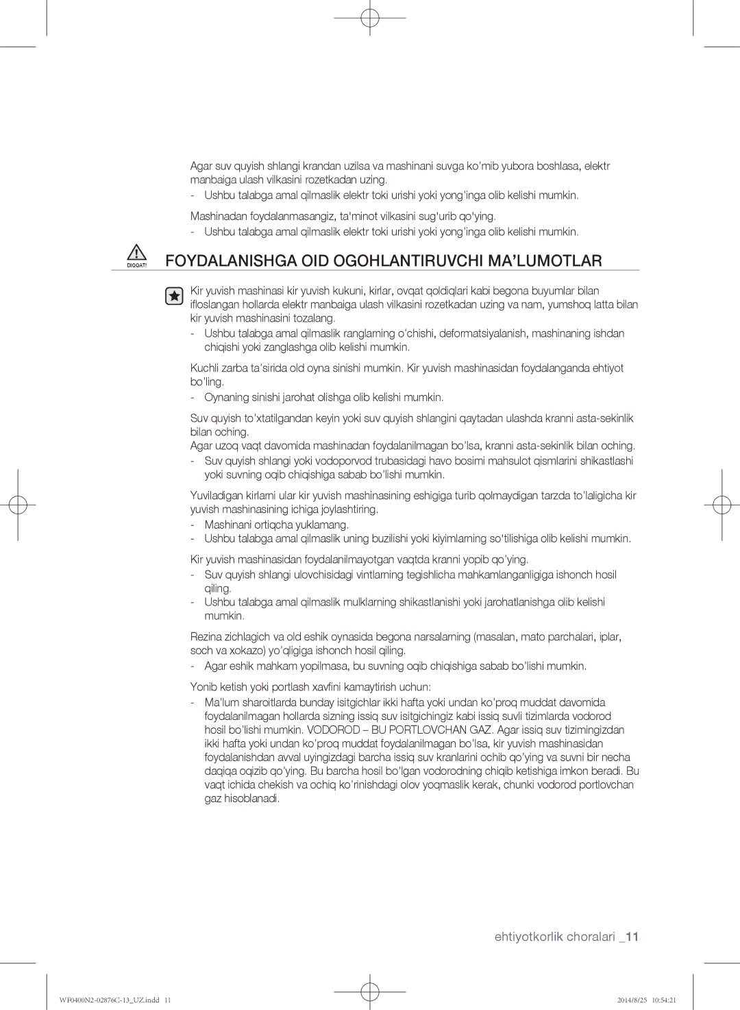 Samsung WF0408N2N/YLP, WF0400N2N/YLP manual DIQQAT! Foydalanishga OID Ogohlantiruvchi MA’LUMOTLAR 