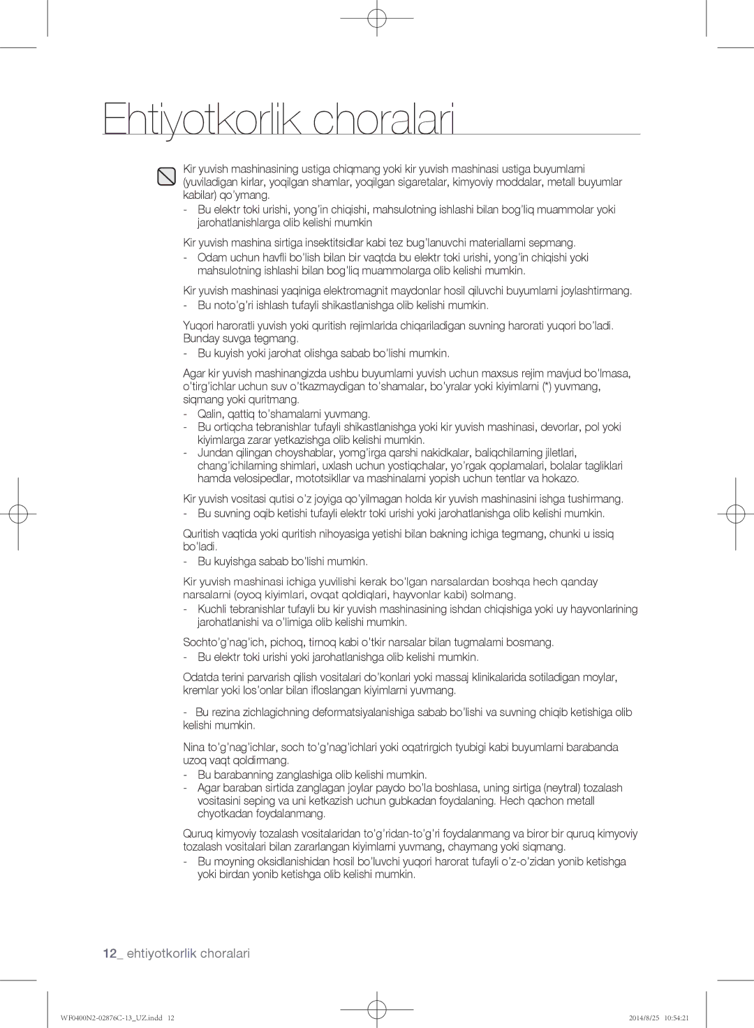 Samsung WF0400N2N/YLP, WF0408N2N/YLP manual Ehtiyotkorlik choralari 