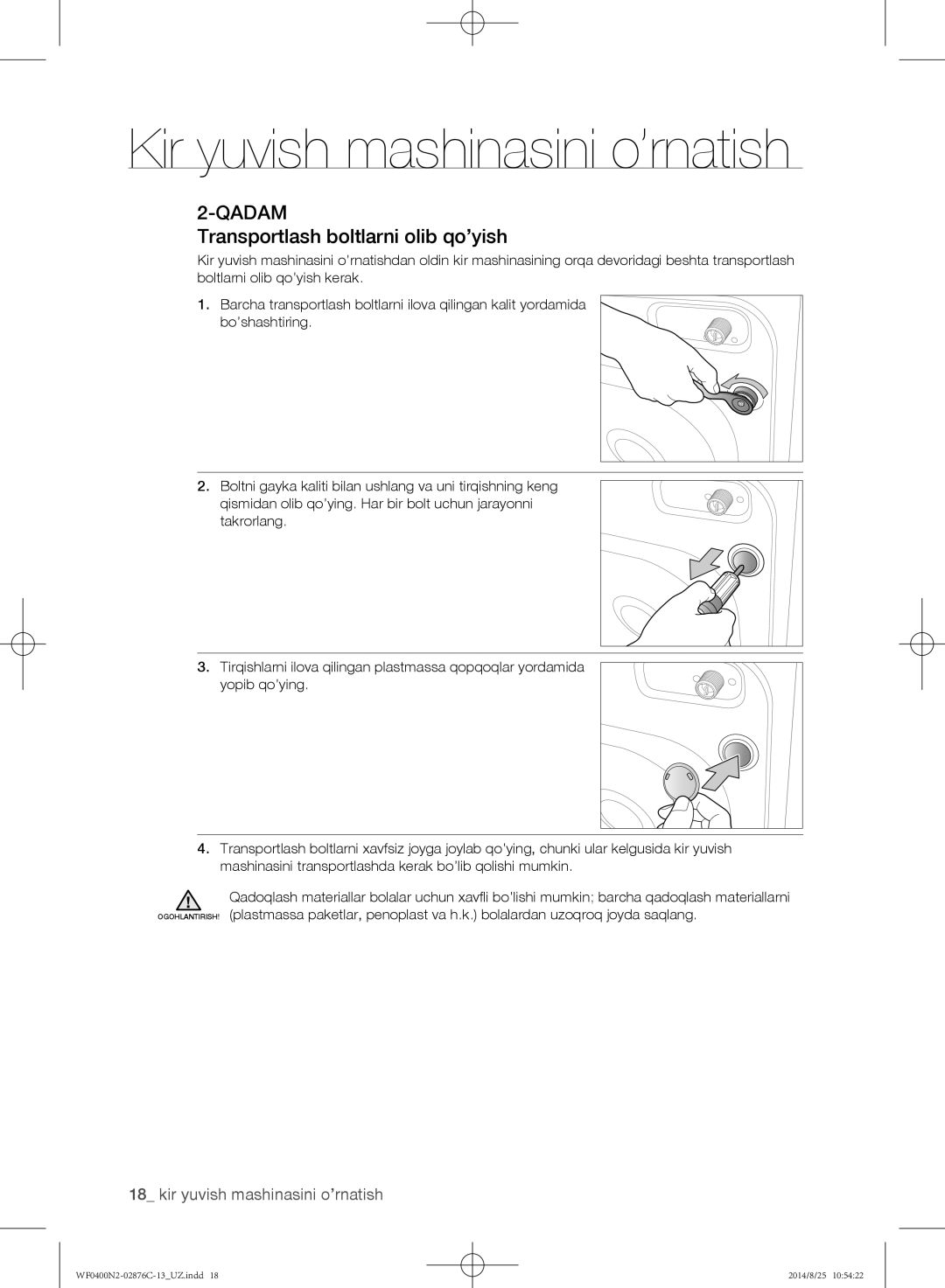 Samsung WF0400N2N/YLP, WF0408N2N/YLP manual Transportlash boltlarni olib qo’yish 