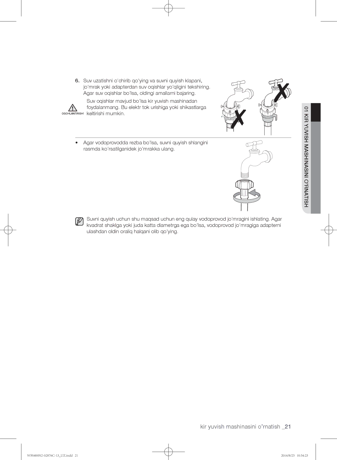 Samsung WF0408N2N/YLP, WF0400N2N/YLP manual Kir yuvish mashinasini o’rnatish 