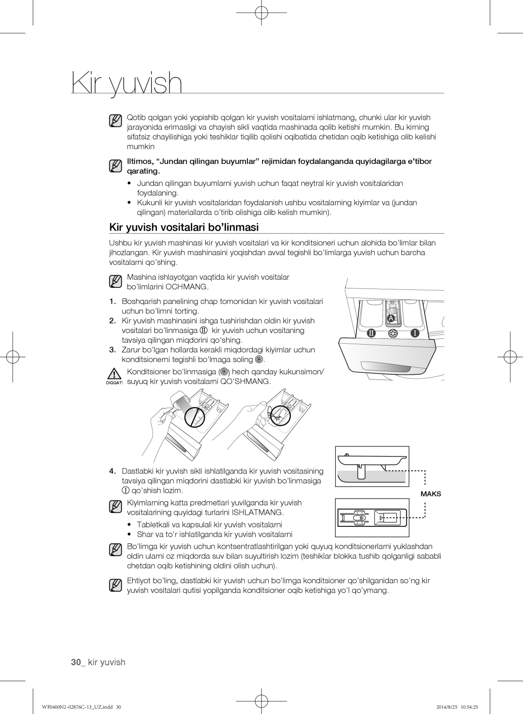 Samsung WF0400N2N/YLP, WF0408N2N/YLP manual Kir yuvish vositalari bo’linmasi 