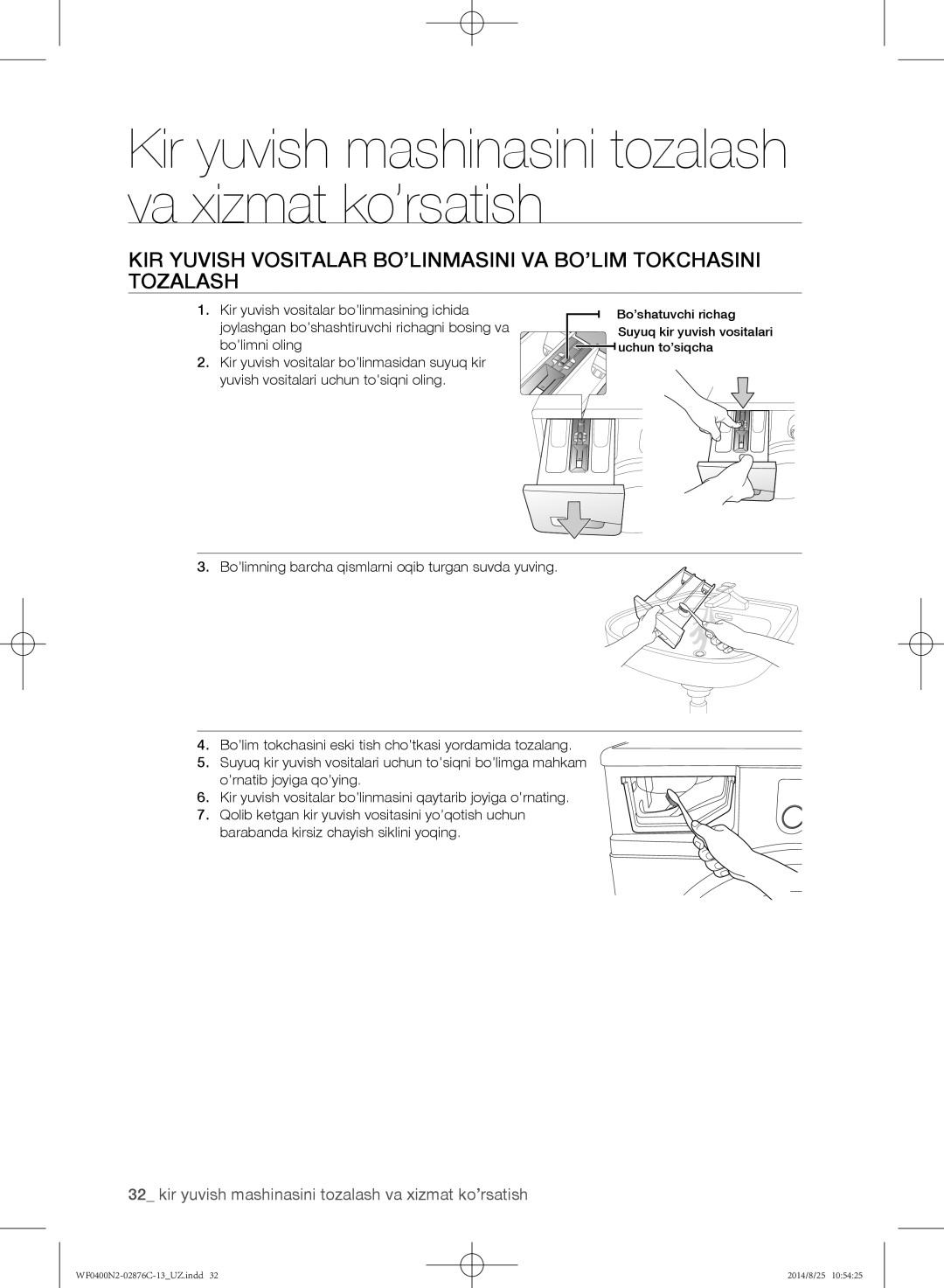 Samsung WF0400N2N/YLP, WF0408N2N/YLP manual Kir yuvish mashinasini tozalash va xizmat ko’rsatish 