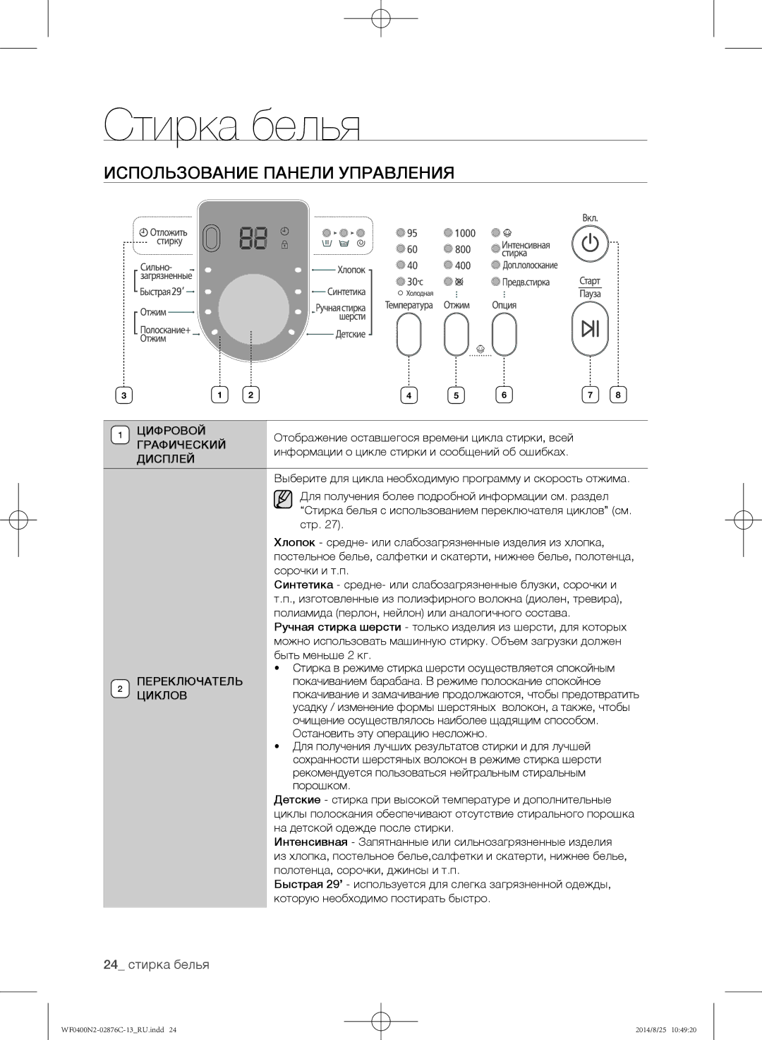 Samsung WF0400N2N/YLP, WF0408N2N/YLP manual Использование панели управления, 24 стирка белья, Переключатель, Циклов 